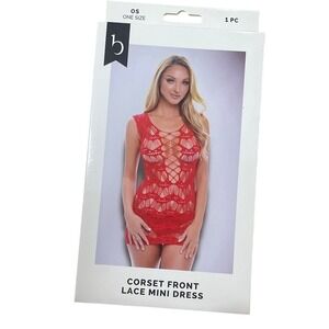 Red‎ Lace Corset Front Mini Dress Sheer One Size NWT Baci Lingerie